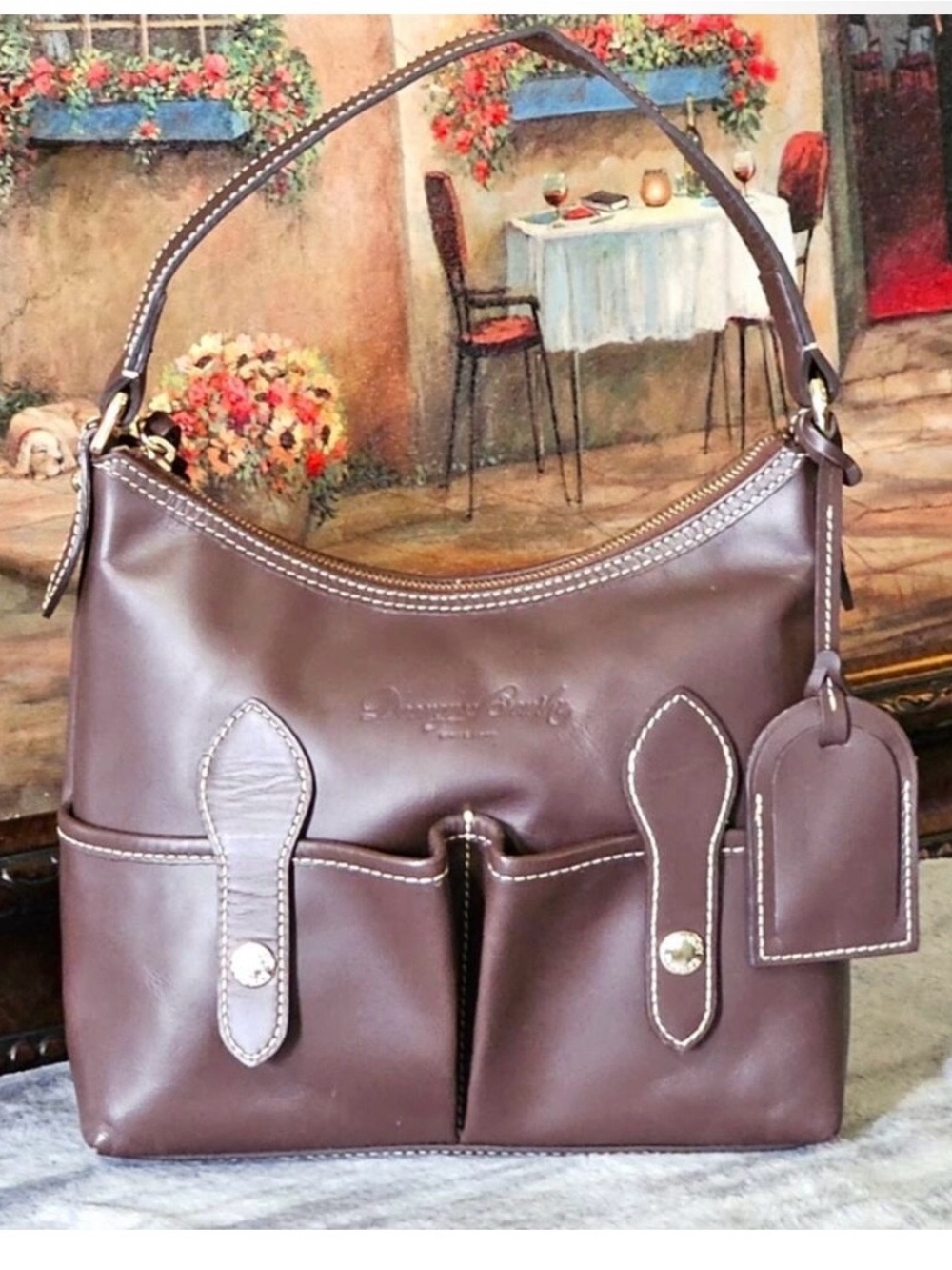 Classic Brown Leather Tote Handbag with Front Pockets
